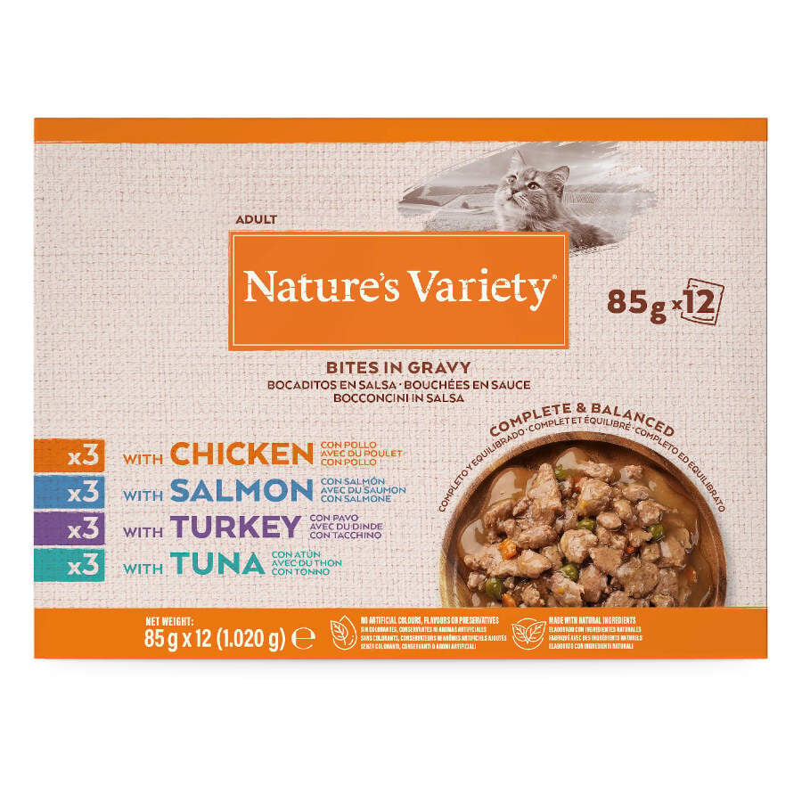 12 sobres x 85 g Nature's Variety Bocaditos de Pavo, At&uacute;n, Pollo y Salm&oacute;n Sobre en Salsa para gatos, , large indicador imagen numero 2